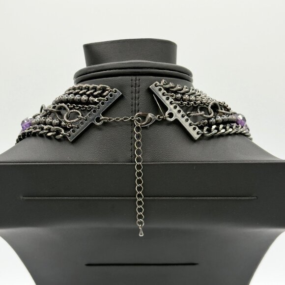 Multicolor Beaded Chain Layered Necklace Statement Aqua Purple Blue Adjustable - Picture 7 of 9